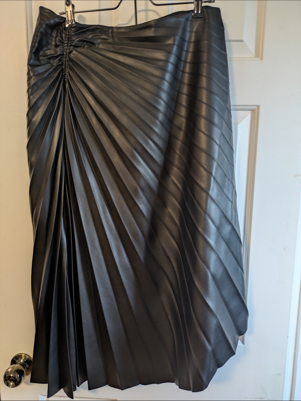 Black Asymmetrical Pleated Faux-Leather Midi Skirt